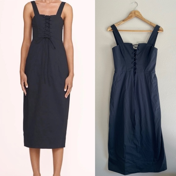 Staud | Sutton Lace up Corset Midi Dress in Black, size 8 - Picture 2 of 12